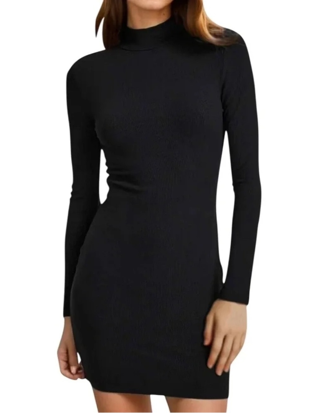 Free people beach mock neck long sleeve ribbed black mini bodycon medium